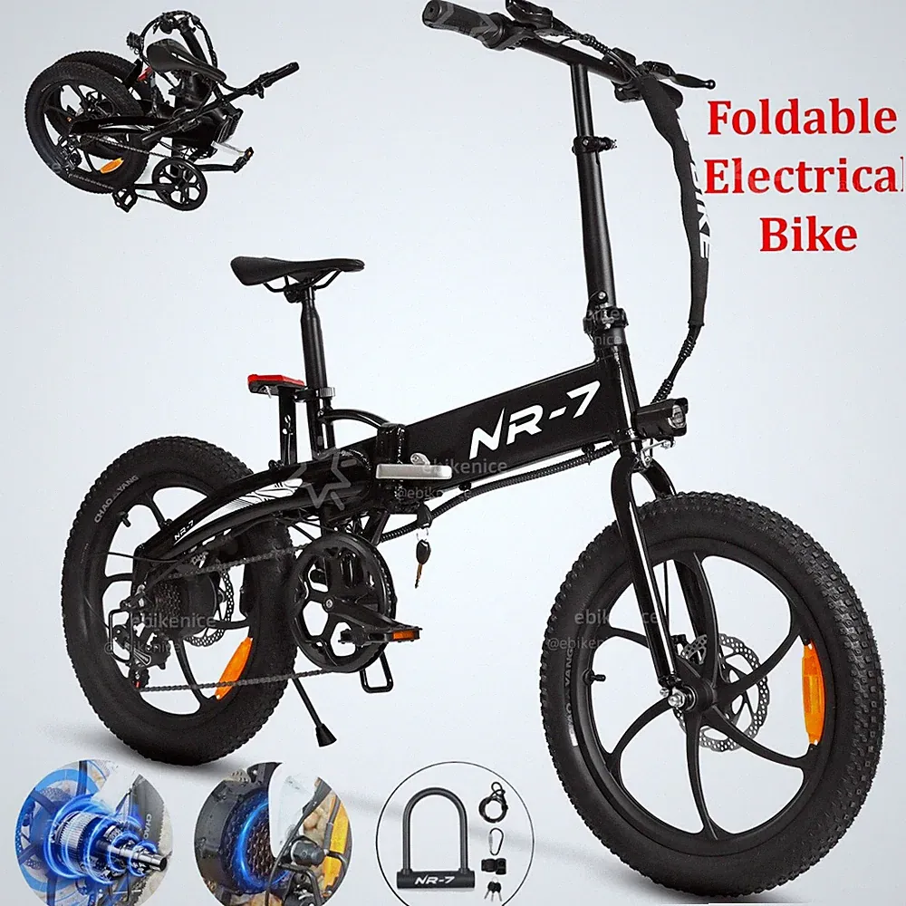 Black 750W 20'' Folding Electric Bicycle 7 Speed Fat Tire 48V Beach City E-bike